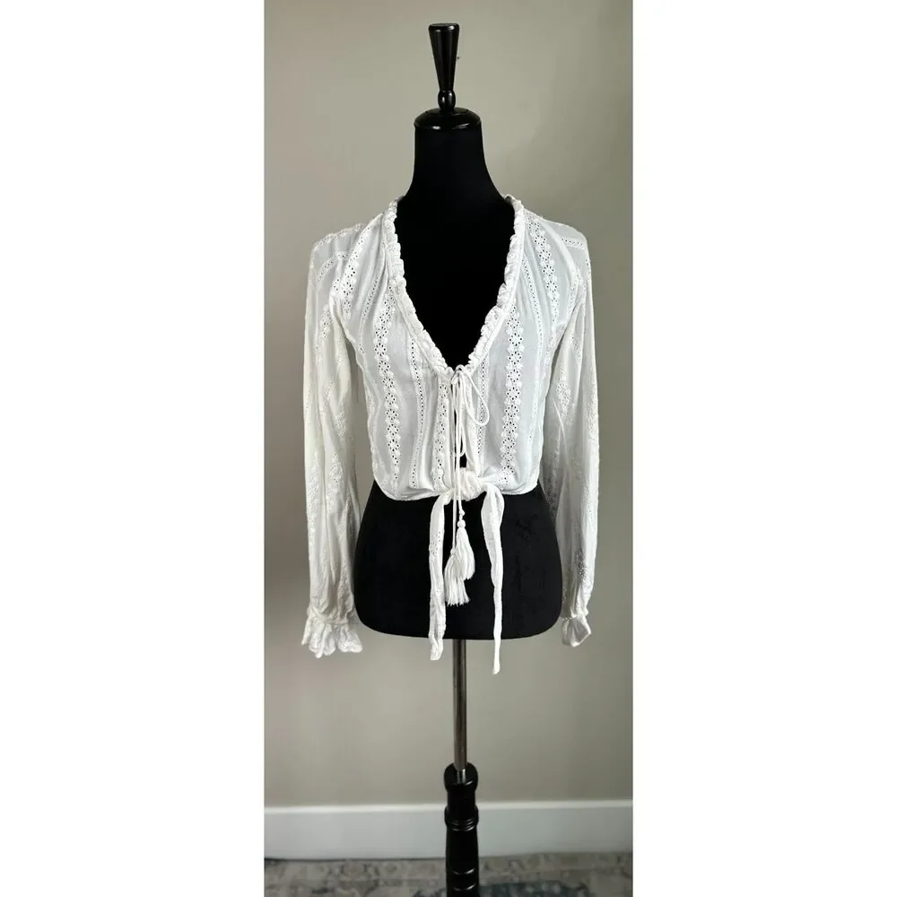 Skylar + Madison Women's Eyelet Lace Tie Long Sleeve Ruffle Cropped Top Size S